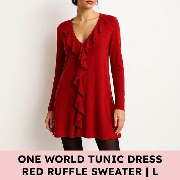ONE WORLD Dresses & Skirts - One World Red Ruffle Front Longline Tunic Dress Festive Romantic Style L